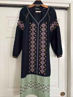 Tory Burch Navy Embroidered Midi Dress with Pink and Gold Accents